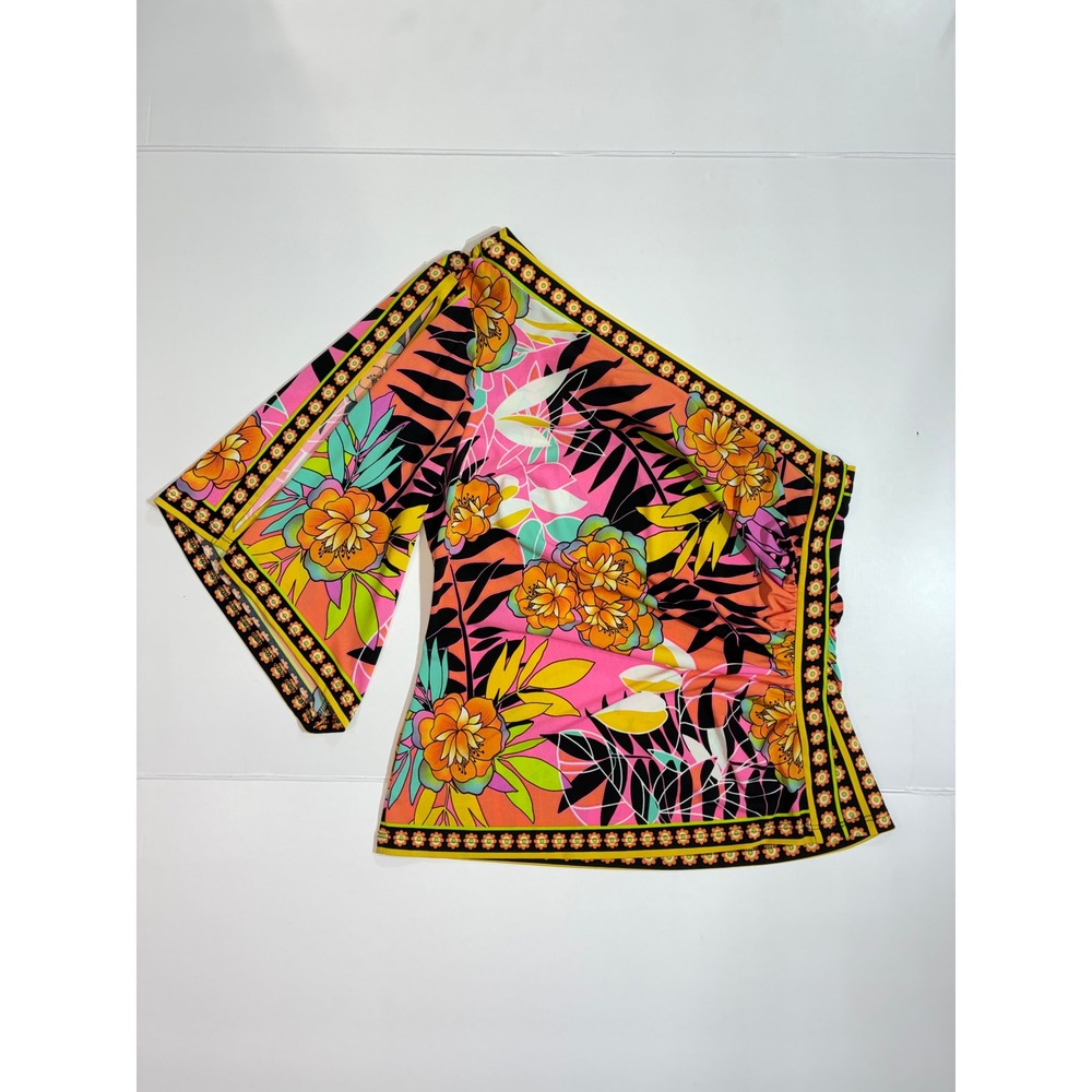 Cache One Shoulder Top Women Large Pink Orange Floral Tropical Bell Sleeve L